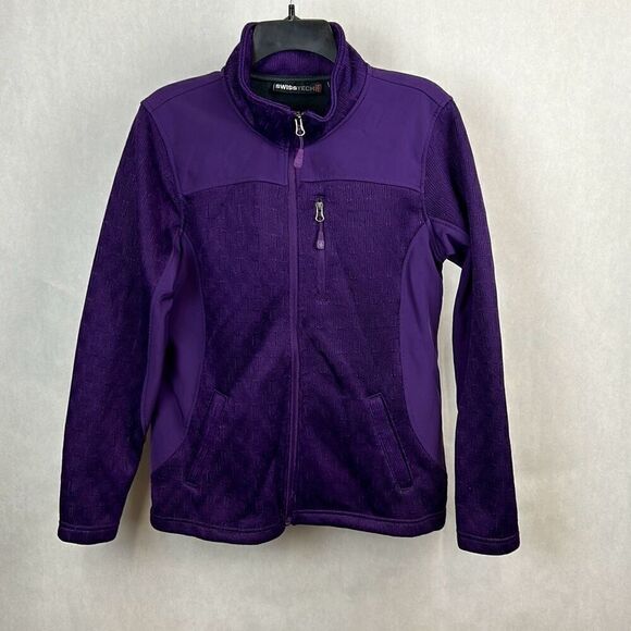 Swiss Tech Full Zip Knit Jacket Coat Purple Womens Sz Medium 8-10 Fleece Lined - Picture 1 of 10